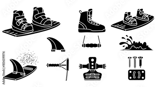 Wakeboarding equipment icons: boots, boards, fins, and more in silhouette style