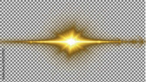 Aggressive golden-yellow horizontal lens flare effect with sharp diamond starburst center and intense focused light beam, dynamic warm illumination on transparent PNG background.
