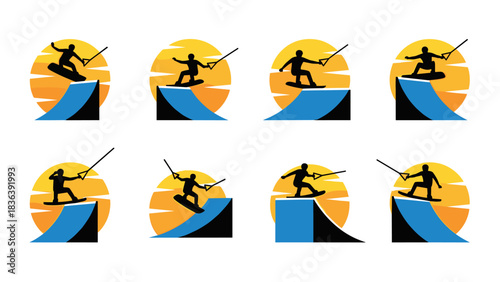 Silhouette wakeboarders performing stunts against orange sun background