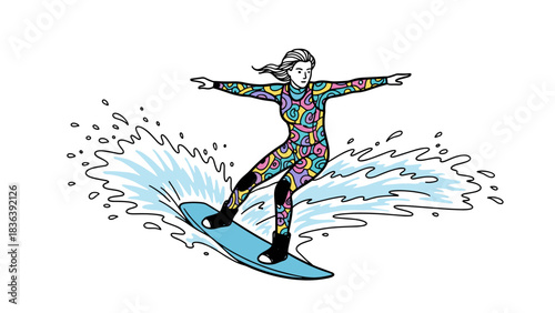 Colorful surfer in action on ocean waves with psychedelic wetsuit
