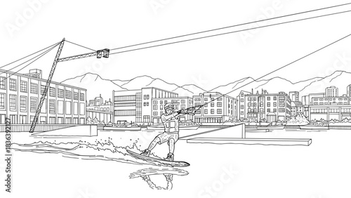 Wakeboarding adventure in urban cable park with mountain backdrop in black and white line art