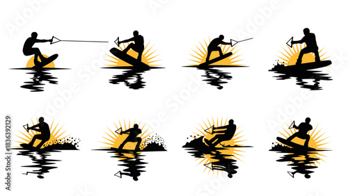 Dynamic wakeboarding silhouettes capturing high-energy water sports action