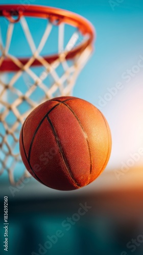 Basketball Moment Nearing Rim Under Bright Sunlight