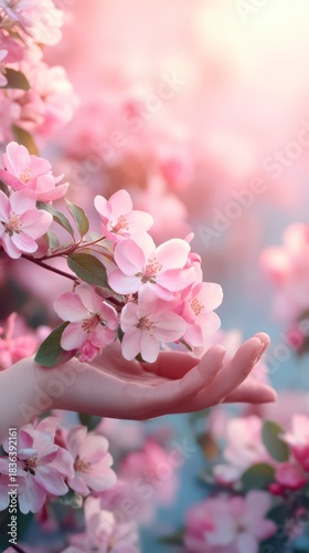 Delicate Female Hand Gently Reaching for Dewy Blossoms in Bloom