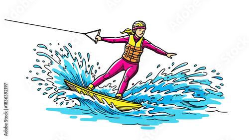 Colorful wakeboarding adventure in splashing waves with dynamic motion