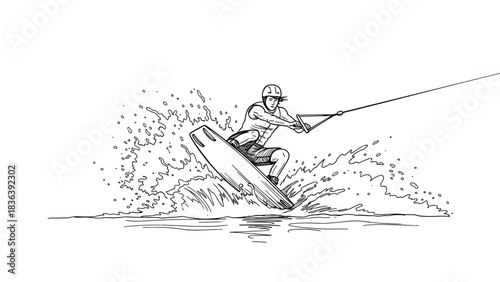 Dynamic line art of wakeboarding athlete riding the waves