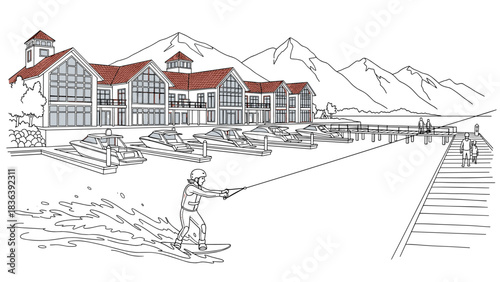 Waterfront resort with wakeboarding and mountain views in linear art