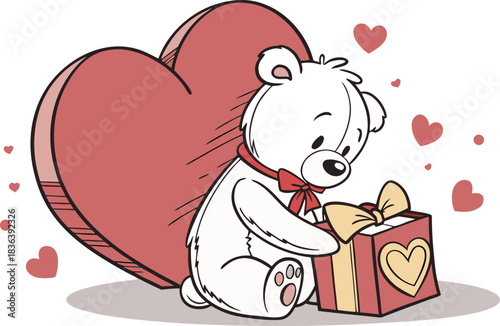 Teddy bear opening gift box with hearts, conveying love and joy.