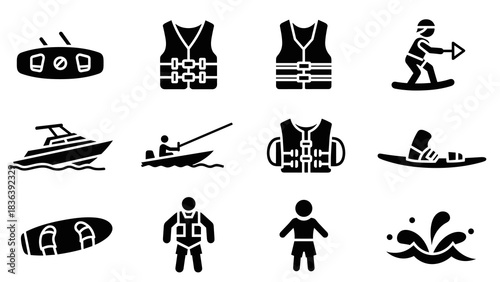 Watersport icons set featuring life jackets, boats, and wakeboarding silhouettes