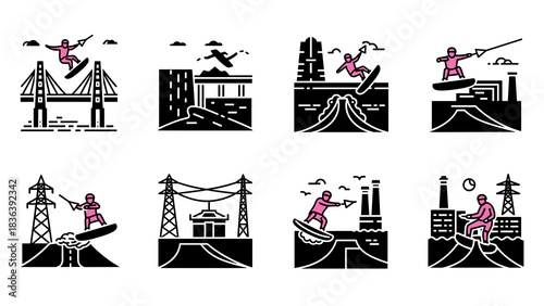 Extreme urban surfing adventures: stylized cityscapes and sports action