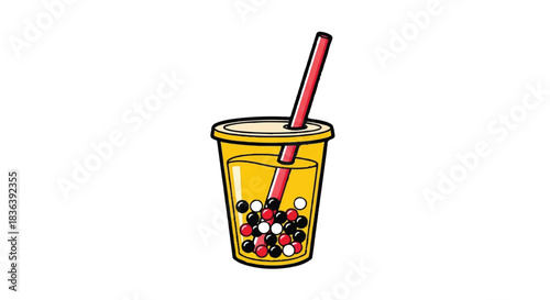 Illustration of a refreshing bubble tea drink with colorful tapioca pearls.