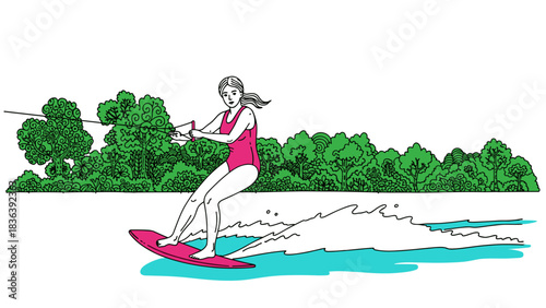 Wakeboarding adventure: woman gliding on water with lush greenery in background
