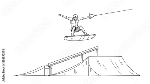 Wakeboarding action on skatepark ramp: dynamic black and white line art