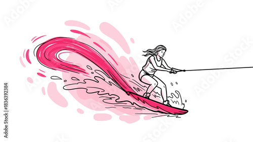 Dynamic water sport adventure featuring woman wakeboarding with splashing pink wave