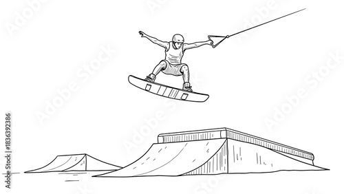 Wakeboarding adventure: thrilling stunt jump at a wake park in black and white