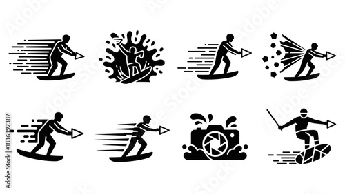 Dynamic surfing icons: speed, adventure, and splash action in black silhouette