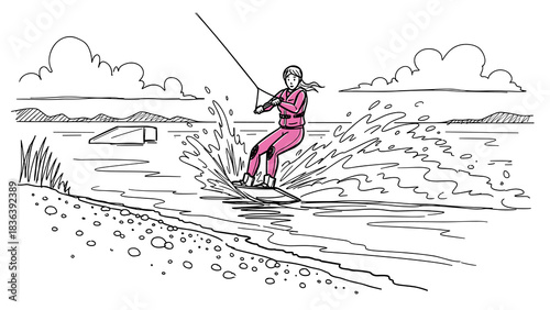 Woman wakeboarding in scenic lake with mountains and splashing water