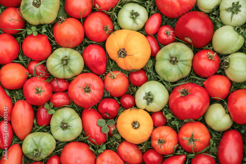 Tomato vegetables background texture. Colorful red green yellow different varieties organic tomatoes harvest on green grass in garden close up top view