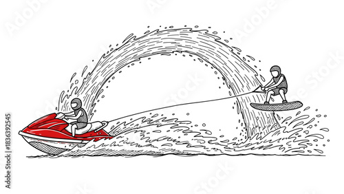 Dynamic jet ski and wakeboarding adventure in hand-drawn style