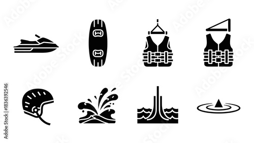 Jet ski and water sports gear icons set for enthusiasts