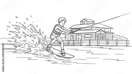 Dynamic wakeboarding adventure with splashing waves in black and white outline style