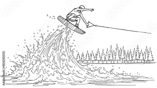 Dynamic wakeboarding adventure in linear style with scenic forest backdrop