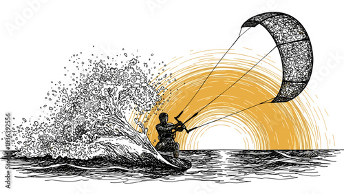 Surfing silhouette of kite surfer against vibrant sunset and splashing waves