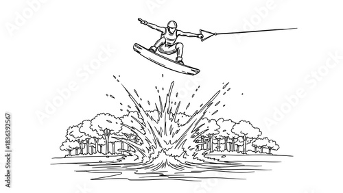 Exciting wakeboarding adventure over water with forest background