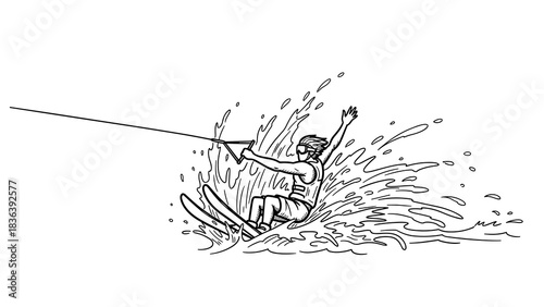 Dynamic line art of a water skier riding through splashing waves
