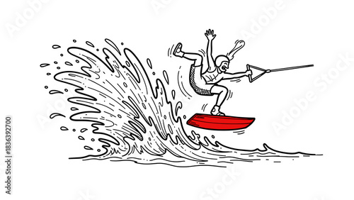 Dynamic line art of wakeboarder performing tricks on waves