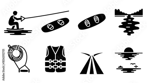 Water sports icons: wakeboard, safety, and adventure elements in bold silhouette