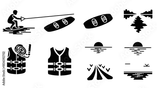 Water sports icons: wakeboarding, snorkeling, and scenic lake views in solid style