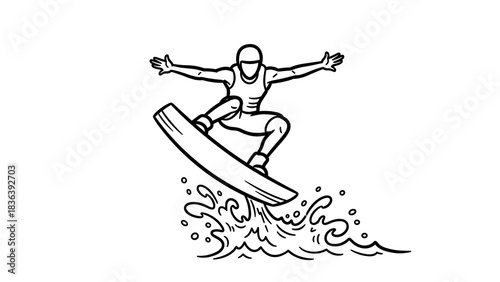 Dynamic line art of wakeboarding enthusiast performing stunt with splashes