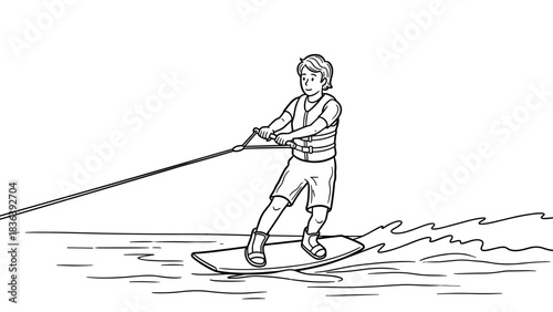 Wakeboarding adventure: male surfer gliding over waves with rope in black and white outline