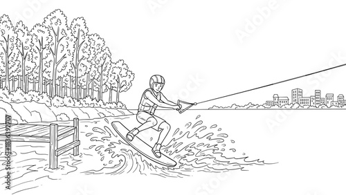 Line art wakeboarding adventure by the lakeside with urban and nature views