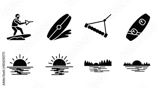 Water sports icons collection: kayaking, wakeboarding, and sunrise elements in black silhouette