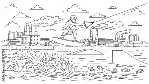 Wakeboarding adventure in industrial waterway scene