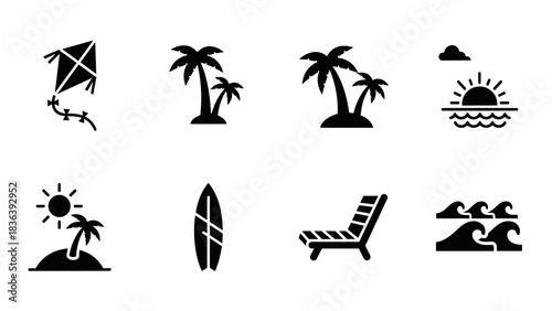 Summer beach icons set: silhouettes of vacation and leisure elements