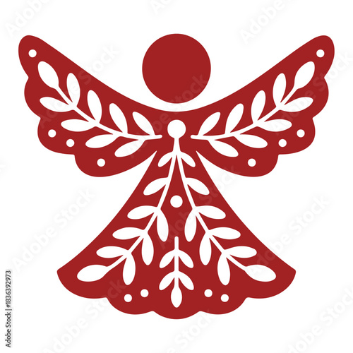 Stylized red angel with floral wing details and circular head on a white isolated background view