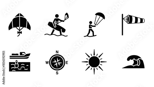 Water sports and nautical symbols set in black icons for ocean enthusiasts