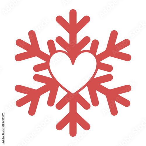 Illustration of a red snowflake with a white heart shape in the center on a white background