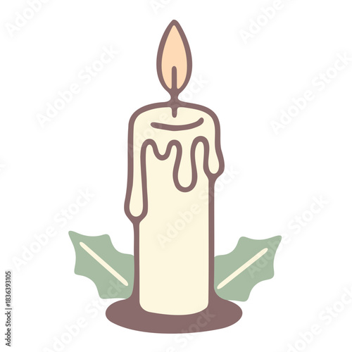 Illustration of a lit candle with dripping wax and holly leaves at the base in soft pastel colors