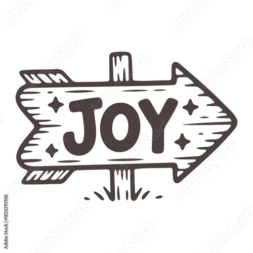 Illustration of a wooden arrow sign pointing right with the word joy and small stars around it