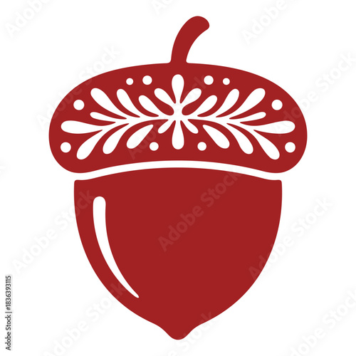 Illustration of a red acorn with decorative white floral pattern on the cap and a small stem on top