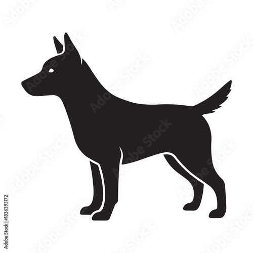 Black silhouette of a medium sized dog standing alert with pointed ears and a wagging tail on a white background