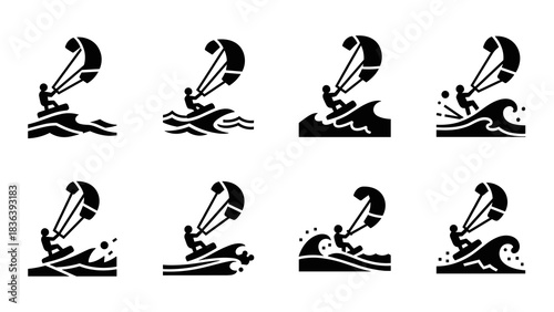 Dynamic kite surfing icons set in bold black silhouette style