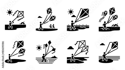 Simple kite flying icons: outdoor recreation and leisure activities in black and white