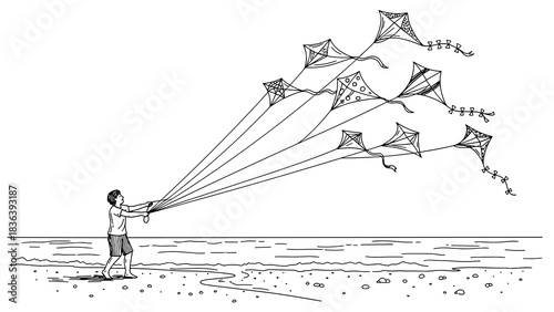 Child flying multiple kites on beach in black and white sketch style