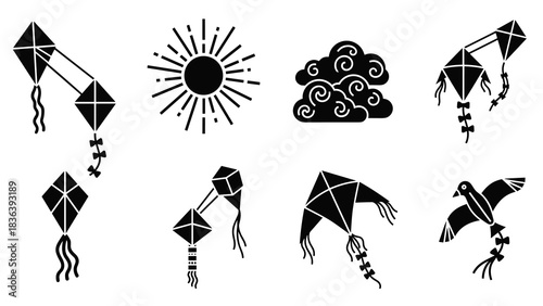 Silhouette kite and nature icons with sun and cloud elements