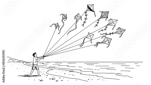 Boy flying multiple kites on beach in hand drawn sketch style